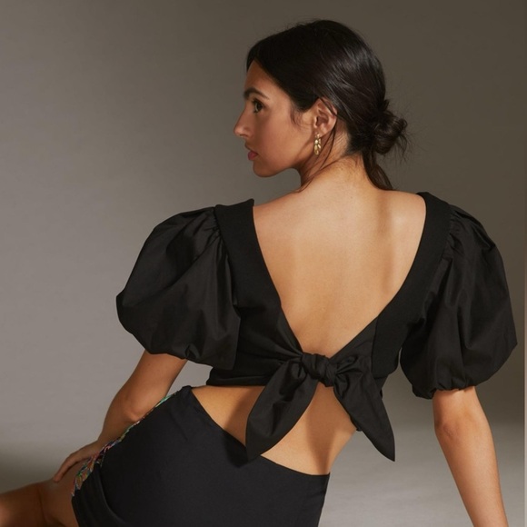 Anthropologie Tops - Anthropologie Black Puff Sleeve Top Wrap Top Tie Back 100% Cotton